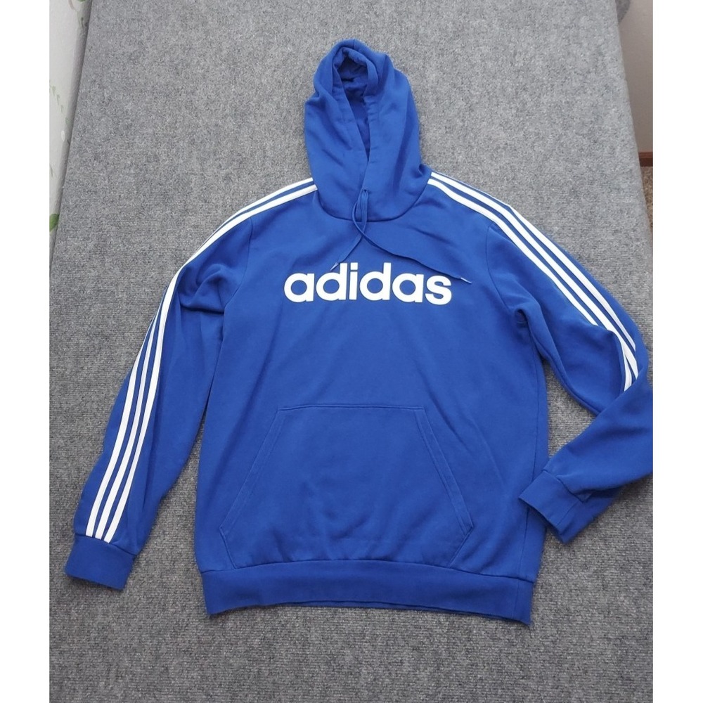 Adidas 3 Stripe Hoodie Mens Large‎ Blue Sweatshirt Kangaroo Pocket Spellout